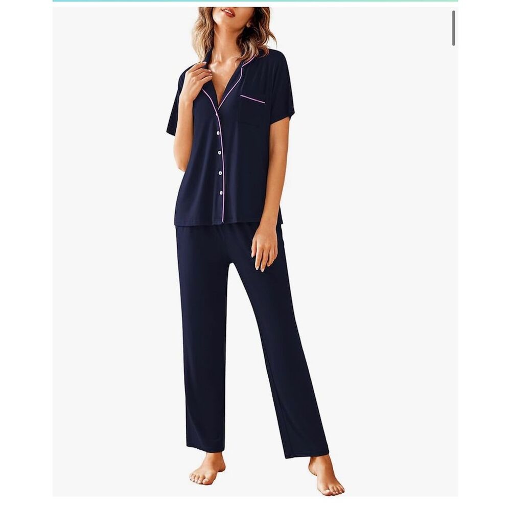 Avidlove Women's Pajama Set 2XL Blue Short Sleeve Button-Up Notch Collar